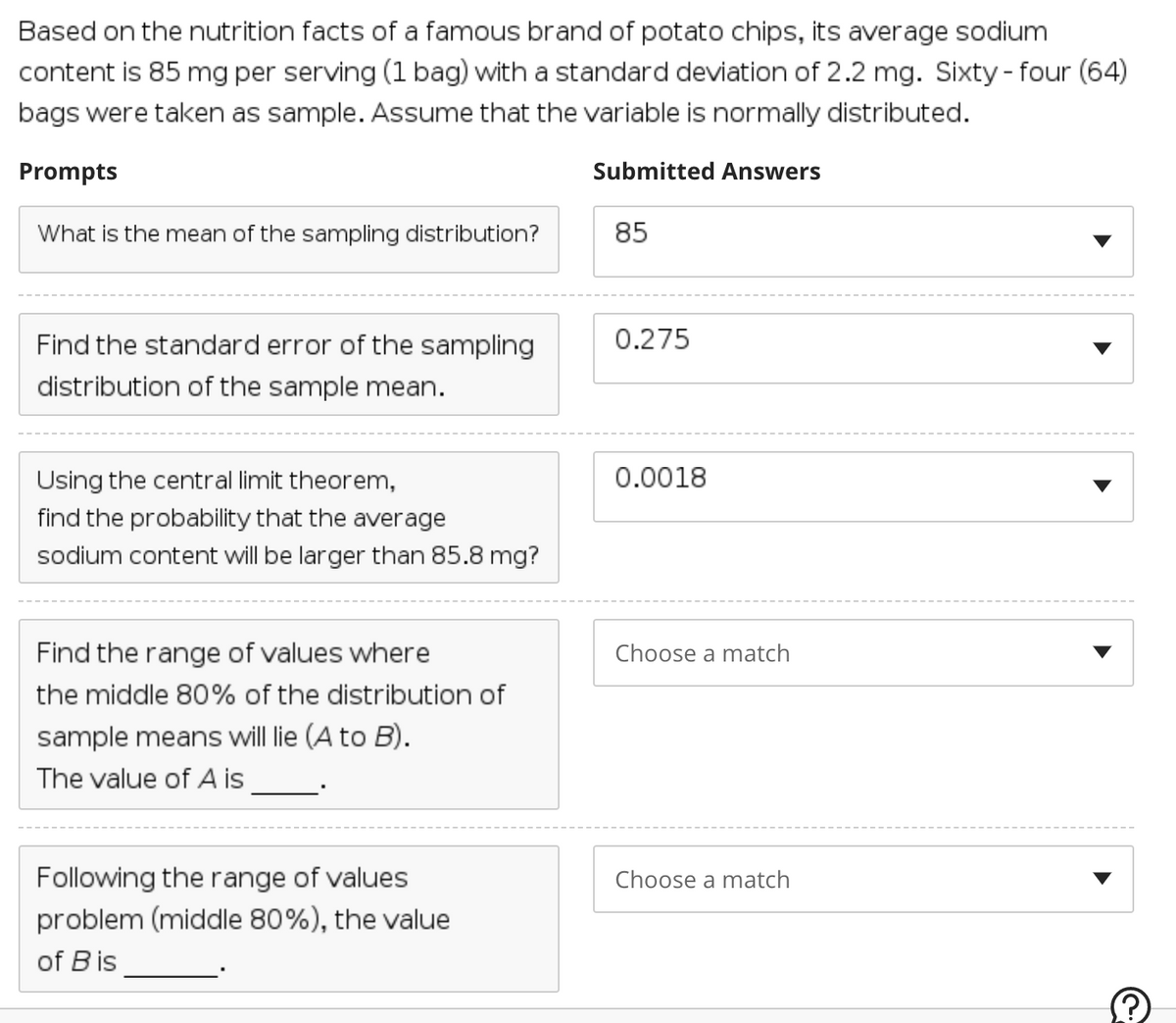 Based on the nutrition facts of a famous brand of potato chips, its average sodium
content is 85 mg per serving (1 bag) with a standard deviation of 2.2 mg. Sixty-four (64)
bags were taken as sample. Assume that the variable is normally distributed.
Prompts
Submitted Answers
What is the mean of the sampling distribution?
85
Find the standard error of the sampling
0.275
distribution of the sample mean.
Using the central limit theorem,
0.0018
find the probability that the average
sodium content will be larger than 85.8 mg?
Find the range of values where
Choose a match
the middle 80% of the distribution of
sample means will lie (A to B).
The value of A is
Choose a match
Following the range of values
problem (middle 80%), the value
of Bis