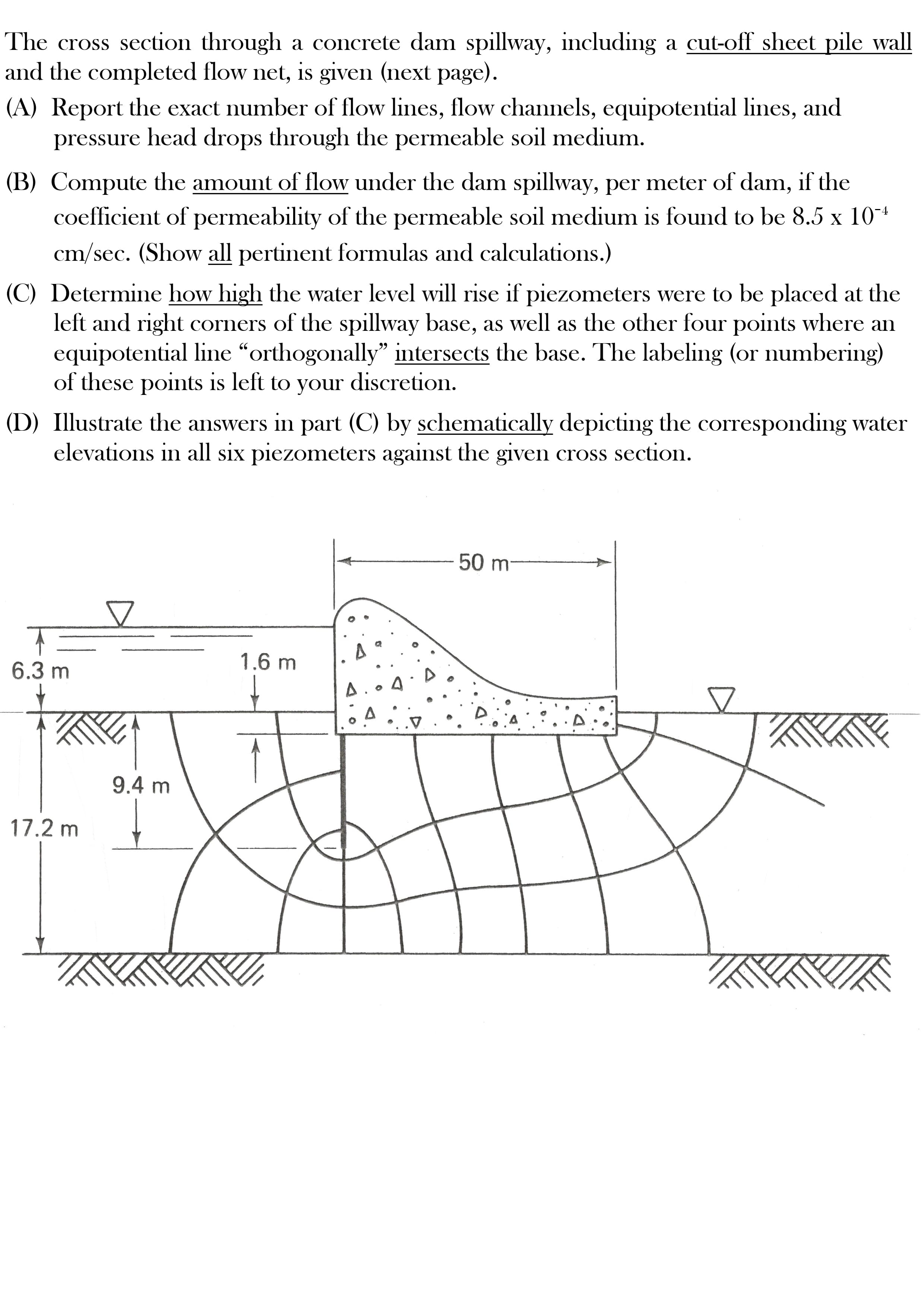 The cross section through a concrete dam spillway, including a cut-off sheet pile wall
and the completed flow net, is given (next page).
(A) Report the exact number of flow lines, flow channels, equipotential lines, and
pressure head drops through the permeable soil medium.
(B) Compute the amount of flow under the dam spillway, per meter of dam, if the
coefficient of permeability of the permeable soil medium is found to be 8.5 x 104
cm/sec. (Show all pertinent formulas and calculations.)
(C) Determine how high the water level will rise if piezometers were to be placed at the
left and right corners of the spillway base, as well as the other four points where an
equipotential line “orthogonally" intersects the base. The labeling (or numbering)
of these points is left to your discretion.
99
