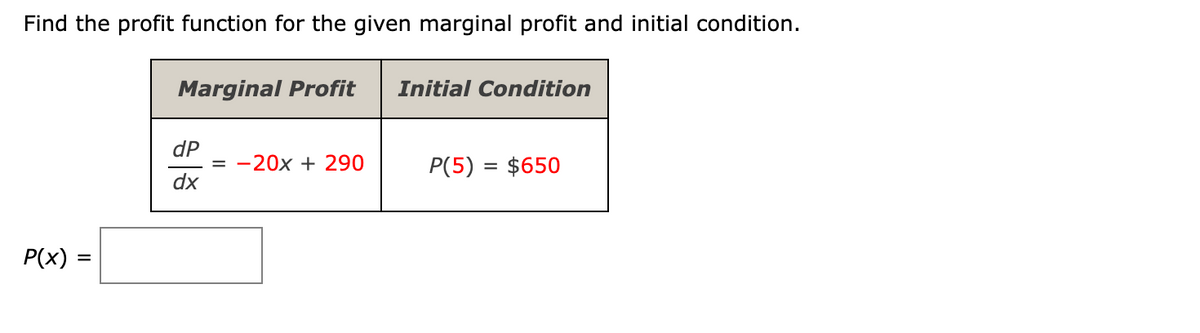 Find the profit function for the given marginal profit and initial condition.
Marginal Profit
Initial Condition
dP
= -20x + 290
dx
P(5) = $650
P(x) =
