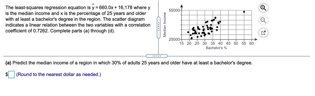 The least-squares regression equation is y = 660.0x + 16,178 where
y
is the median income and x is the percentage of 25 years and older
with at least a bachelor's degree in the region. The scatter diagram
55000-
indicates a linear relation between the two variables with a correlation
coefficient of 0.7262. Complete parts (a) through (d).
25000-
15 20 25 30 35 40 45 50 55 60
Bachelor's %
.....
(a) Predict the median income of a region in which 30% of adults 25 years and older have at least a bachelor's degree.
(Round to the nearest dollar as needed.)
.....
Median Income

