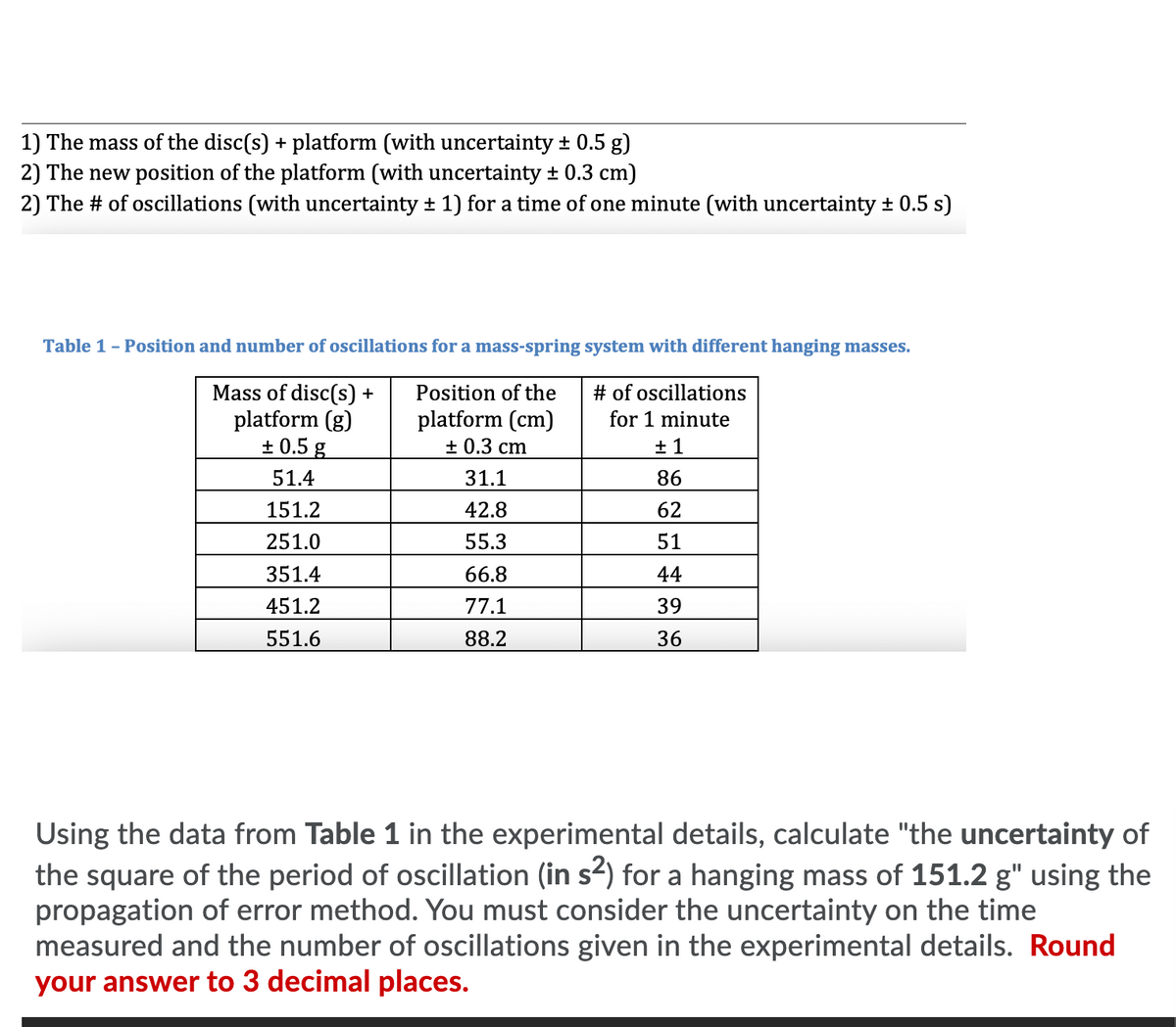 1) The mass of the disc(s) + platform (with uncertainty + 0.5 g)
2) The new position of the platform (with uncertainty ± 0.3 cm)
2) The # of oscillations (with uncertainty + 1) for a time of one minute (with uncertainty + 0.5 s)
Table 1- Position and number of oscillations for a mass-spring system with different hanging masses.
Mass of disc(s) +
platform (g)
+ 0.5 g
Position of the
# of oscillations
platform (cm)
+ 0.3 сm
for 1 minute
+ 1
51.4
31.1
86
151.2
42.8
62
251.0
55.3
51
351.4
66.8
44
451.2
77.1
39
551.6
88.2
36
Using the data from Table 1 in the experimental details, calculate "the uncertainty of
the square of the period of oscillation (in s2) for a hanging mass of 151.2 g" using the
propagation of error method. You must consider the uncertainty on the time
measured and the number of oscillations given in the experimental details. Round
your answer to 3 decimal places.
