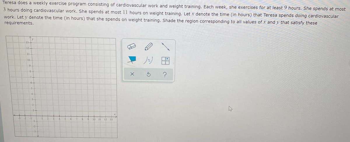 Teresa does a weekly exercise program consisting of cardiovascular work and weight training. Each week, she exercises for at least 9 hours. She spends at most
3 hours doing cardiovascular work. She spends at most 11 hours on weight training. Let x denote the time (in hours) that Teresa spends doing cardiovascular
work. Let y denote the time (in hours) that she spends on weight training. Shade the region corresponding to all values of x and y that satisfy these
requirements.
12-
1
10-
6.
11 12
13
图
