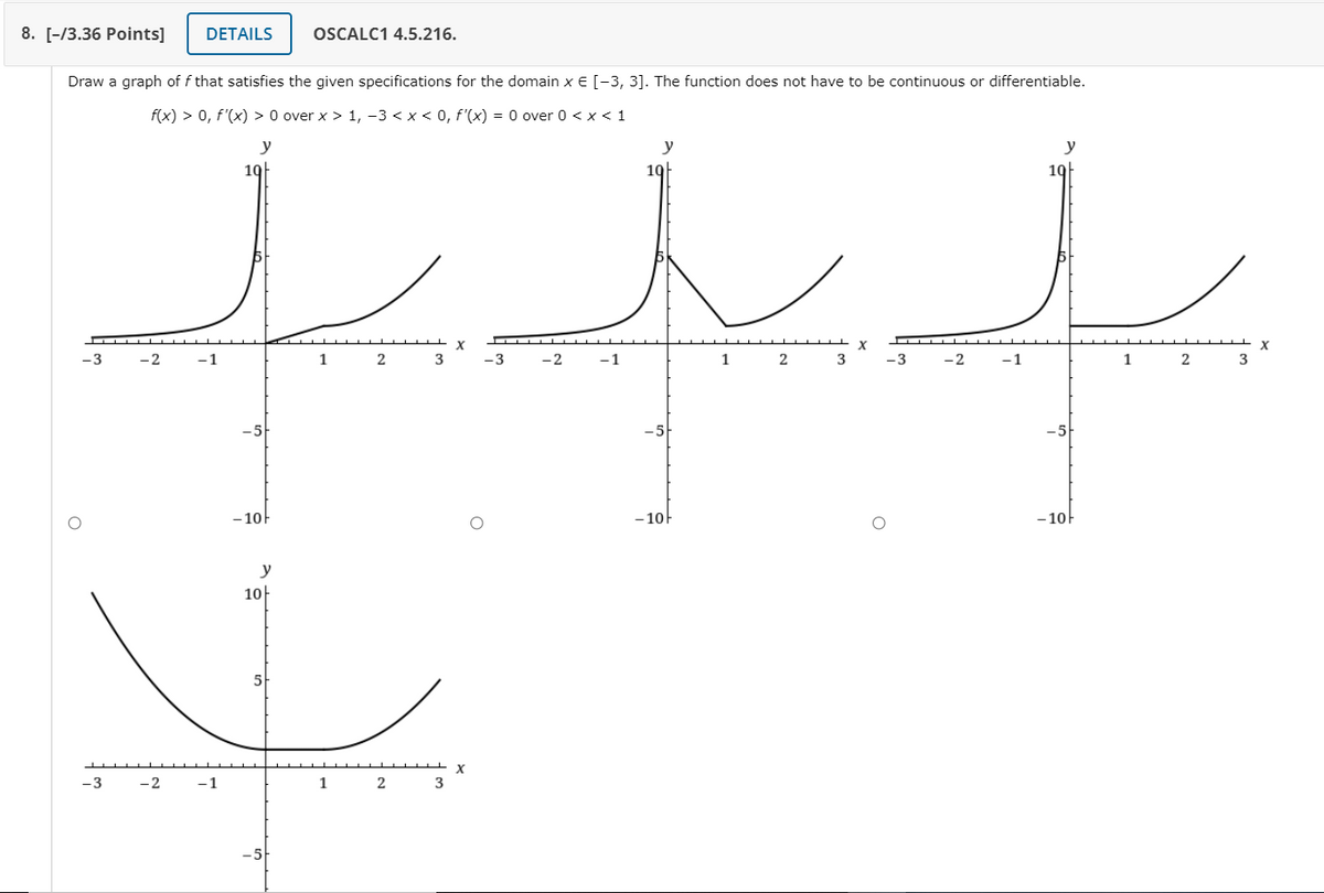 8. [-/3.36 Points]
DETAILS
OSCALC1 4.5.216.
Draw a graph of f that satisfies the given specifications for the domain x € [-3, 3]. The function does not have to be continuous or differentiable.
f(x) > 0, f'(x) > 0 over x > 1, -3 < x < 0, '(x) = 0 over 0 < x < 1
y
y
y
19
19h
X
-3
X
-3
-2
-1
1
-2
-1
1
2
3
-3
-2
-1
1
2
3
-5
–5-
- 10
- 10
- 10-
y
10
-3
-2
-1
1
2
3
