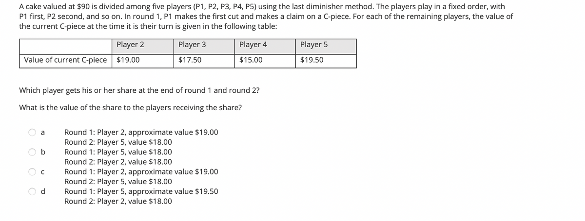 A cake valued at $90 is divided among five players (P1, P2, P3, P4, P5) using the last diminisher method. The players play in a fixed order, with
P1 first, P2 second, and so on. In round 1, P1 makes the first cut and makes a claim on a C-piece. For each of the remaining players, the value of
the current C-piece at the time it is their turn is given in the following table:
Player 2
Player 3
Player 4
Player 5
Value of current C-piece
$19.00
$17.50
$15.00
$19.50
Which player gets his or her share at the end of round1 and round 2?
What is the value of the share to the players receiving the share?
Round 1: Player 2, approximate value $19.00
Round 2: Player 5, value $18.00
Round 1: Player 5, value $18.00
Round 2: Player 2, value $18.00
Round 1: Player 2, approximate value $19.00
Round 2: Player 5, value $18.00
Round 1: Player 5, approximate value $19.50
Round 2: Player 2, value $18.00
a
b
d.
