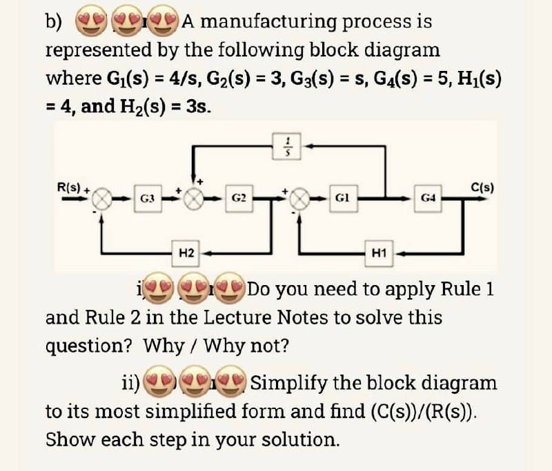 b) A
manufacturing process is
represented
by the following block diagram
where G₁(s) = 4/s, G₂(s) = 3, G3(s) = s, G4(s) = 5, H₁(s)
= 4, and H₂(s) = 3s.
R(s) +
G3
S
G2
H2
+
GI
H1
G4
C(s)
114 Do you need to apply Rule 1
and Rule 2 in the Lecture Notes to solve this
question? Why / Why not?
ii)
Simplify the block diagram
to its most simplified form and find (C(s))/(R(s)).
Show each step in your solution.