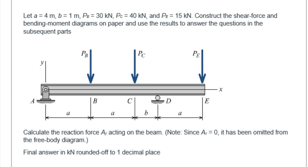 Let a = 4 m, b = 1 m, PB = 30 kN, Pc = 40 kN, and PE = 15 KN. Construct the shear-force and
bending-moment diagrams on paper and use the results to answer the questions in the
subsequent parts
PB
B
a
Pc
a
PE
E
Calculate the reaction force Ay acting on the beam. (Note: Since Ax = 0, it has been omitted from
the free-body diagram.)
Final answer in kN rounded-off to 1 decimal place
