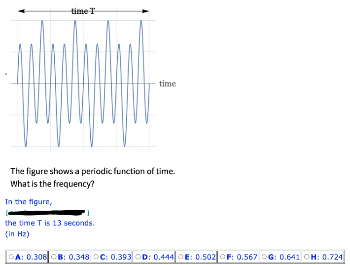 time T
time
The figure shows a periodic function of time.
What is the frequency?
In the figure,
the time T is 13 seconds.
(in Hz)
A: 0.308 OB: 0.348 OC: 0.393 OD: 0.444 OE: 0.502 OF: 0.567 OG: 0.641 OH: 0.724