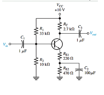 Vcc
+10 V
Rc
C3
oV ou!
2.7 k2
33 k
1 µF
V,
1 µF
REI
220 2
R,
10 kN
RE2
470 2
100 μF
