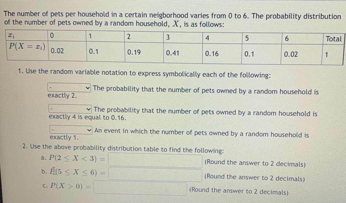 The number of pets per household in a certain neigborhood varies from 0 to 6. The probability distribution
of the number of pets owned by a random household, X, is as follows:
1
2
3
4
6.
Total
P(X = ri)
0.02
0.1
0.19
0.41
0.16
0.1
0.02
1
1. Use the random variable notation to express symbolically each of the following:
The probability that the number of pets owned by a random household is
exactly 2.
The probability that the number of pets owned by a random household is
exactly 4 is equal to 0.16.
An event in which the number of
owned by a random household is
exactly 1.
2. Use the above probability distribution table to find the following:
a. Р(2 < X < 3) —
(Round the answer to 2 decimals)
b. H(5 < X < 6) =
(Round the answer to 2 decimals)
с. Р(X > 0) —
(Round the answer to 2 decimals)

