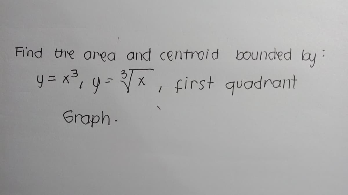 Find the area and centrid bounded by
y = x³, y= /x , first quadrant
3
/x, first quadrant
Graph.
