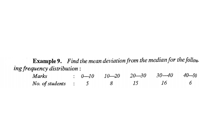 Example 9. Find the mean deviation from the median for the follom
ing frequency distribution :
: 0-10
: 5
Marks
10-20
20-30
30-40
40-50
No. of students
8
15
16
6
