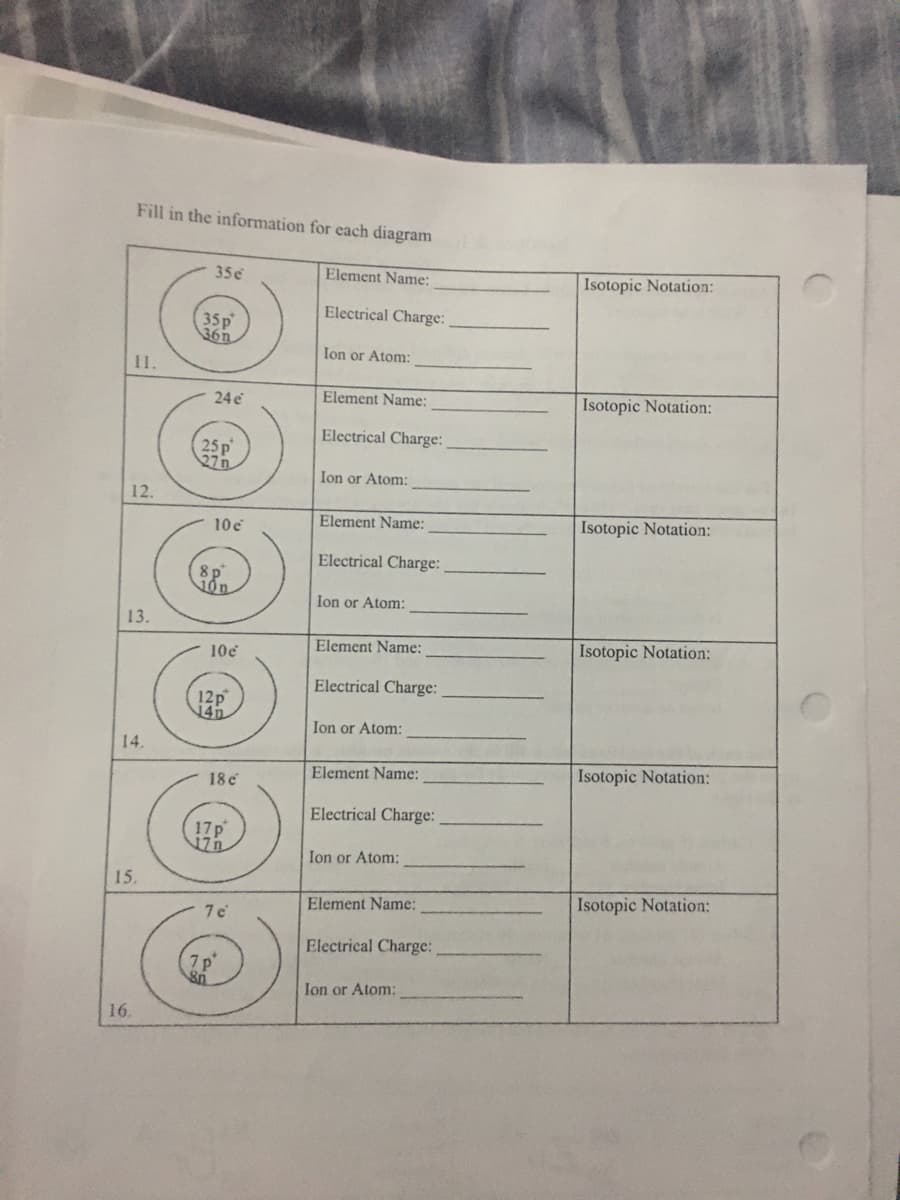 Fill in the information for each diagram
35e
Element Name:
Isotopic Notation:
Electrical Charge:
35p
36n
Ion or Atom:
11.
24 e
Element Name:
Isotopic Notation:
Electrical Charge:
25 p
Ion or Atom:
12.
Element Name:
Isotopic Notation:
10e
Electrical Charge:
Ion or Atom:
13.
Element Name:
Isotopic Notation:
10e
Electrical Charge:
12p
14n
Ion or Atom:
14.
Element Name:
Isotopic Notation:
18 c
Electrical Charge:
17p
17n
Ion or Atom:
15.
Element Name:
Isotopic Notation:
Electrical Charge:
7p°
Ion or Atom:
16.
