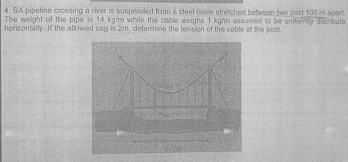 4. SA pipeline crossing a river is suspended from a steel cable stretched between two post 100 m apart.
The weight of the pipe is 14 kg/m while the cable weighs 1 kg/m assumed to be uniformly distribute
horizontally. If the allowed sag is 2m. determine the tension of the cable at the post.
