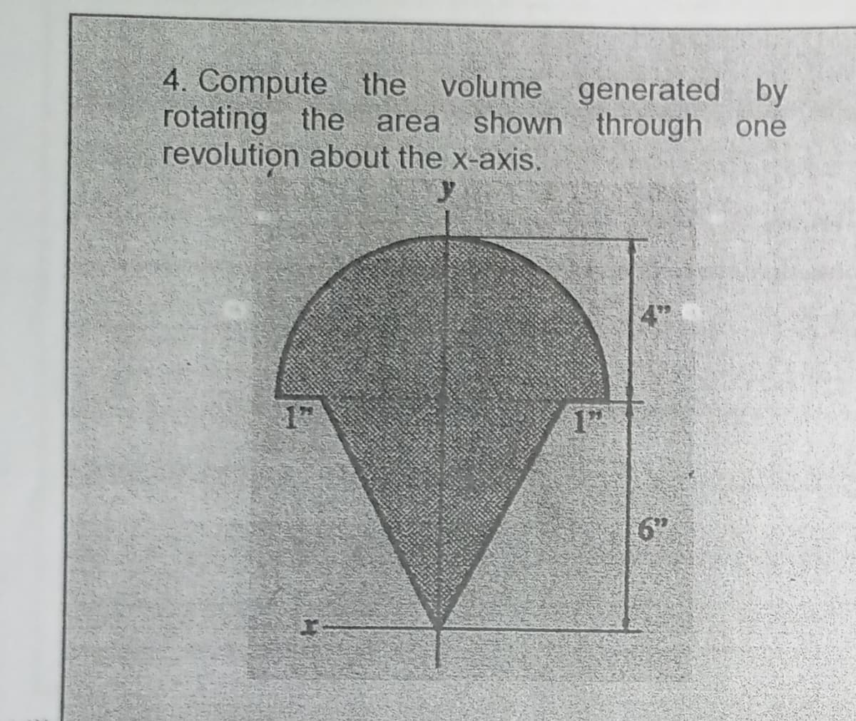 4. Compute the volume generated by
rotating the area shown through one
revolution about the x-axis.
4"
1"
6"
