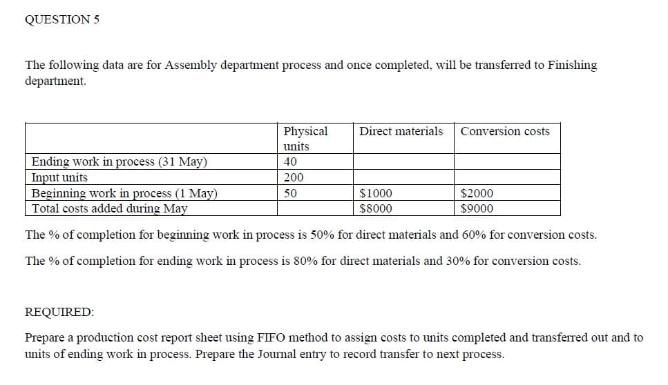 QUESTION 5
The following data are for Assembly department process and once completed, will be transferred to Finishing
department.
Physical
Direct materials
Conversion costs
units
Ending work in process (31 May)
Input units
Beginning work in process (1 May)
Total costs added during May
40
200
50
$1000
$2000
$8000
0006%$
The % of completion for beginning work in process is 50% for direct materials and 60% for conversion costs.
The % of completion for ending work in process is 80% for direct materials and 30% for conversion costs.
REQUIRED:
Prepare a production cost report sheet using FIFO method to assign costs to units completed and transferred out and to
units of ending work in process. Prepare the Journal entry to record transfer to next process.
