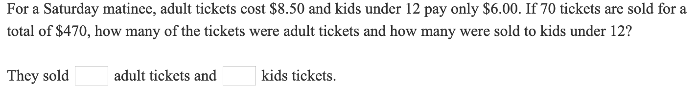 total of $470, how many of the tickets were adult tickets and how many were sold to kids under 12?
