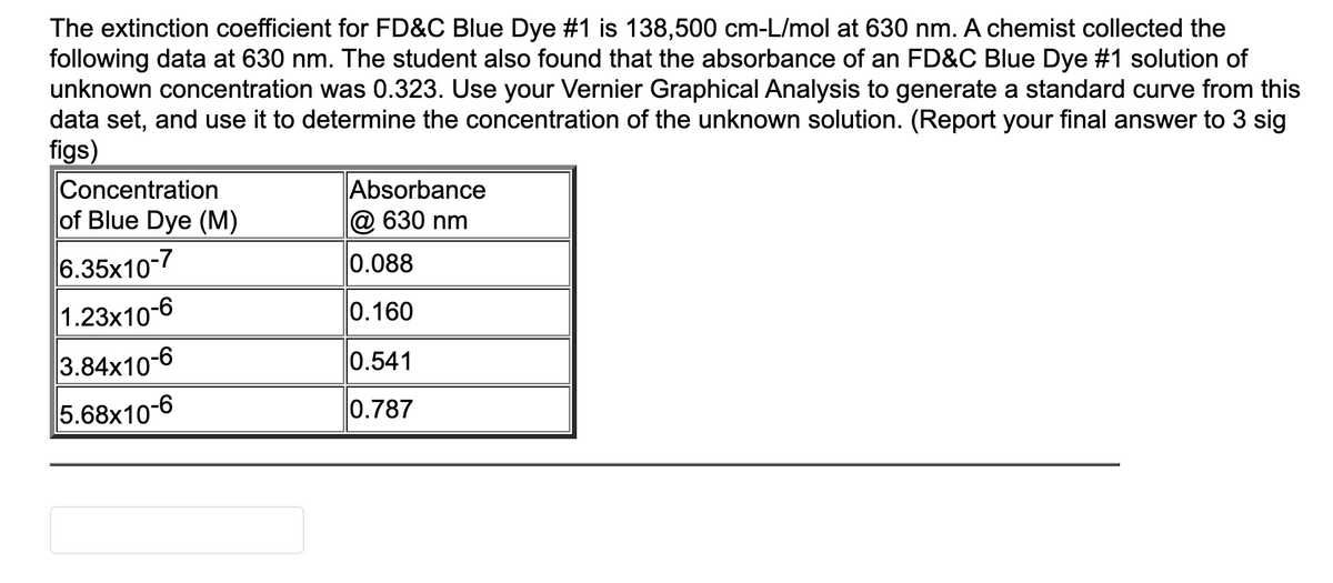 The extinction coefficient for FD&C Blue Dye #1 is 138,500 cm-L/mol at 630 nm. A chemist collected the
following data at 630 nm. The student also found that the absorbance of an FD&C Blue Dye #1 solution of
unknown concentration was 0.323. Use your Vernier Graphical Analysis to generate a standard curve from this
data set, and use it to determine the concentration of the unknown solution. (Report your final answer to 3 sig
figs)
Concentration
|of Blue Dye (M)
Absorbance
@ 630 nm
6.35x10-7
0.088
1.23x10-6
0.160
3.84x10-6
0.541
5.68x10-6
0.787
