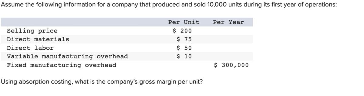 Assume the following information for a company that produced and sold 10,000 units during its first year of operations:
Per Unit
Per Year
$ 200
$ 75
$ 50
$ 10
Selling price
Direct materials
Direct labor
Variable manufacturing overhead
Fixed manufacturing overhead
$ 300,000
Using absorption costing, what is the company's gross margin per unit?
