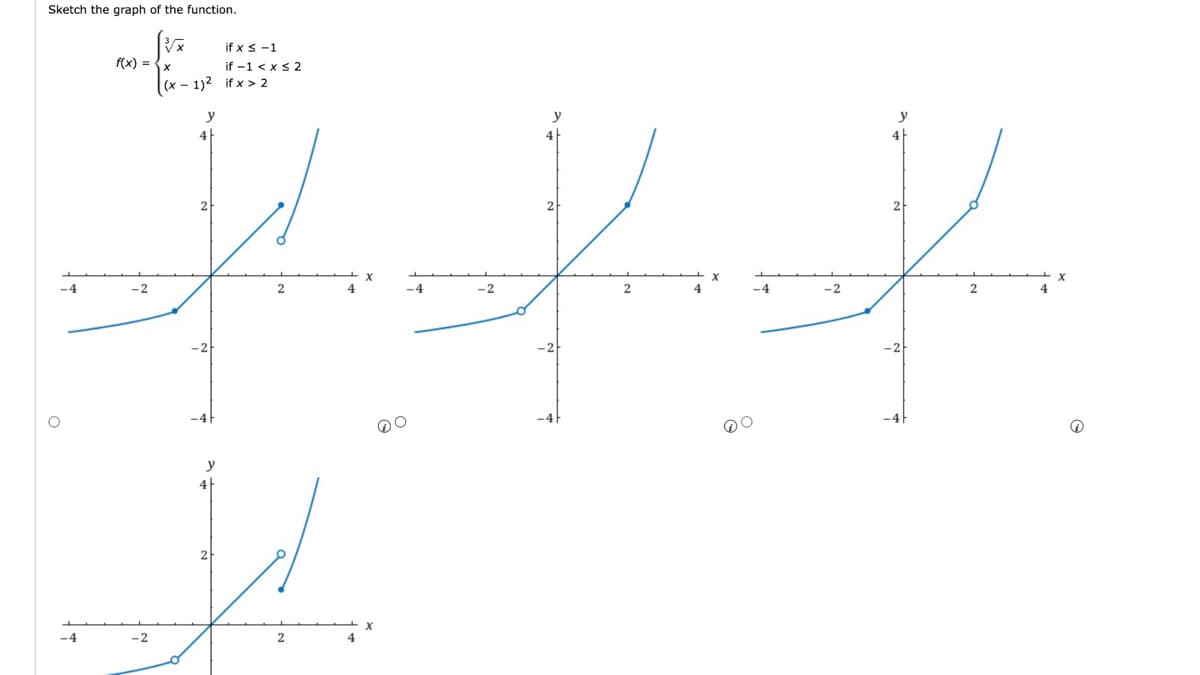 Sketch the graph of the function.
x
if x < -1
if -1 < x < 2
f(x) =
<-1)2 if x > 2
y
2
f f f
-4
-2
-4
-2