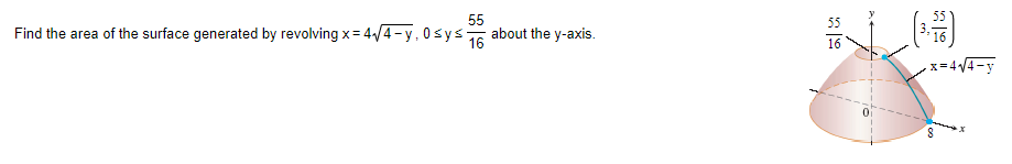 55
55
Find the area of the surface generated by revolving x= 4/4-y, 0sys
about the y-axis.
16
16
x=44-y
