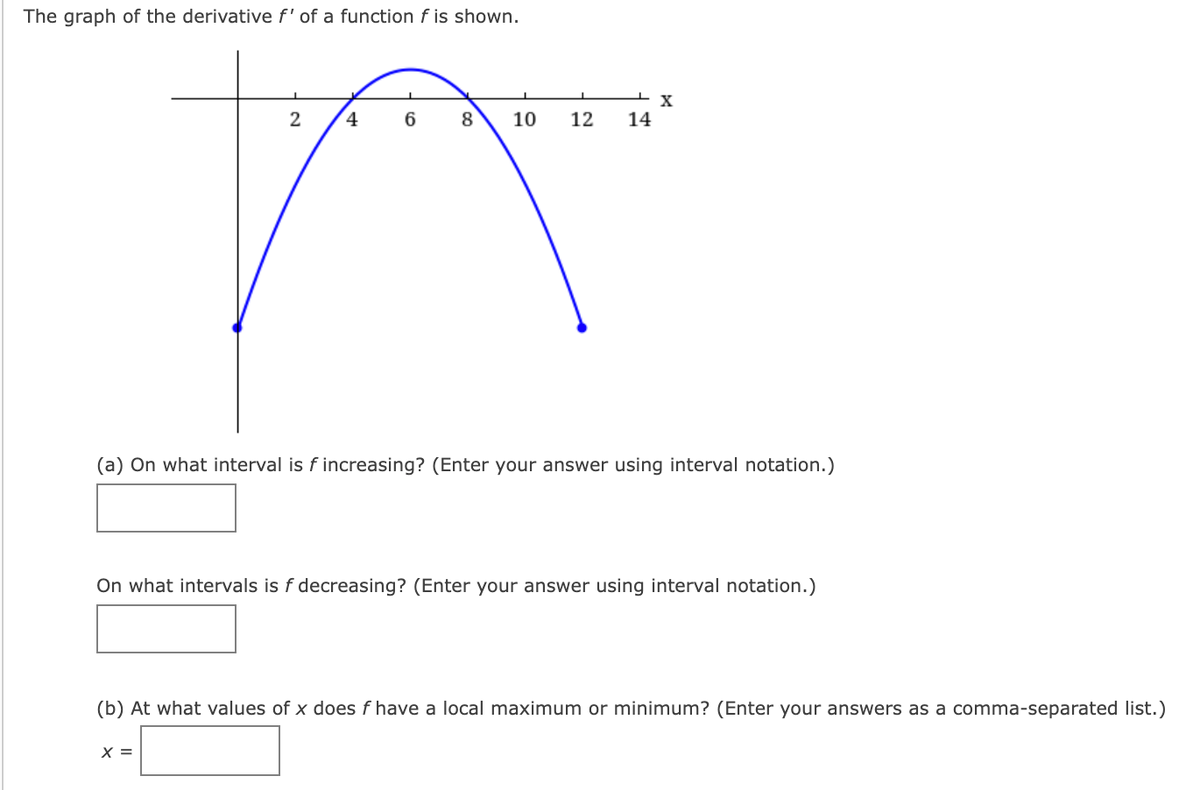 The graph of the derivative f' of a function f is shown.
2
4.
6
8
10
12
14
(a) On what interval is f increasing? (Enter your answer using interval notation.)
On what intervals is f decreasing? (Enter your answer using interval notation.)
(b) At what values of x does f have a local maximum or minimum? (Enter your answers as a comma-separated list.)
X =
to
