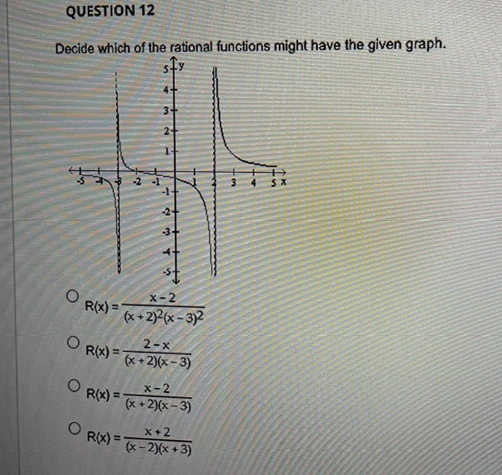 QUESTION 12
Decide which of the rational functions might have the given graph.
T
R(x) =
OR(X)=
O
O R(x) =
R(x) =
-2
n
4+
3+
2+
H
2
W
x-2
(x+2)2(x-3)2
2-x
(x+2)(x-3)
x-2
(x+2)(x-3)
x + 2
(x-2)(x+3)
w
5x