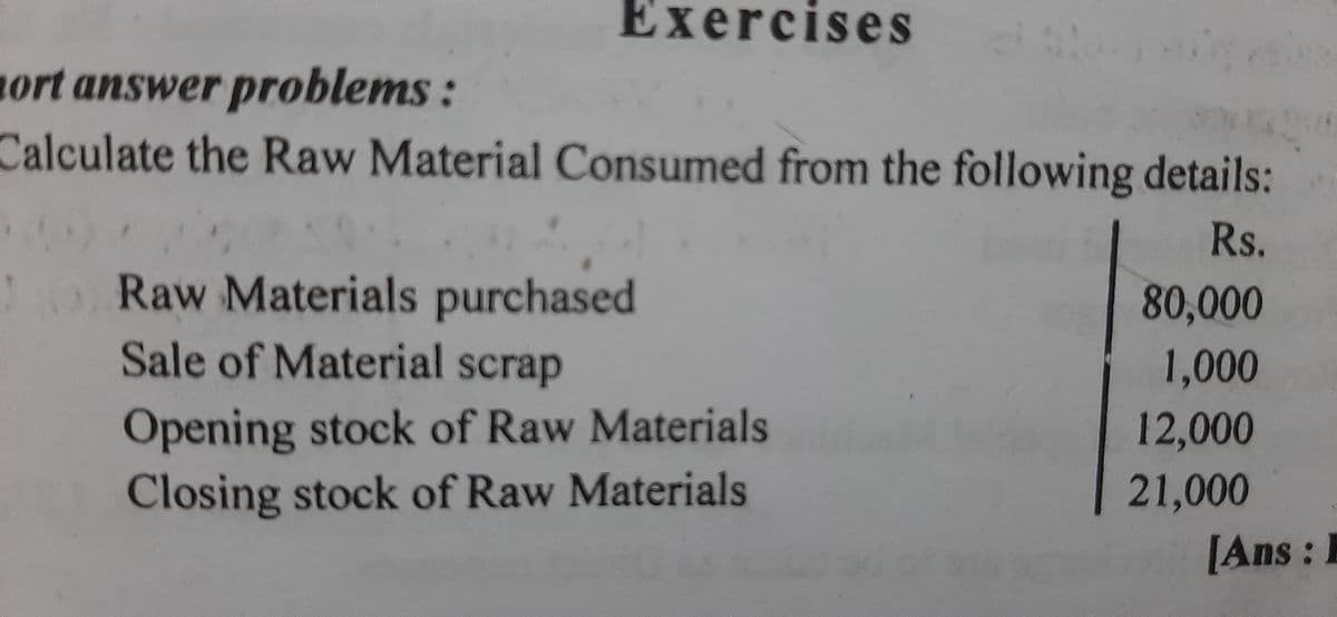 Exercises
ort answer problems :
Calculate the Raw Material Consumed from the following details:
Rs.
10 Raw Materials purchased
80,000
Sale of Material scrap
1,000
Opening stock of Raw Materials
Closing stock of Raw Materials
12,000
21,000
[Ans:
