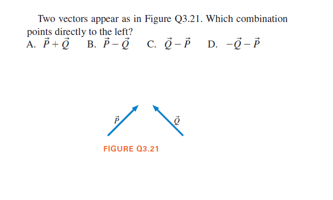 Two vectors appear as in Figure Q3.21. Which combination
points directly to the left?
А. Р+0
B. P - Q
C. Q – P
D. -ğ-P
FIGURE Q3.21
