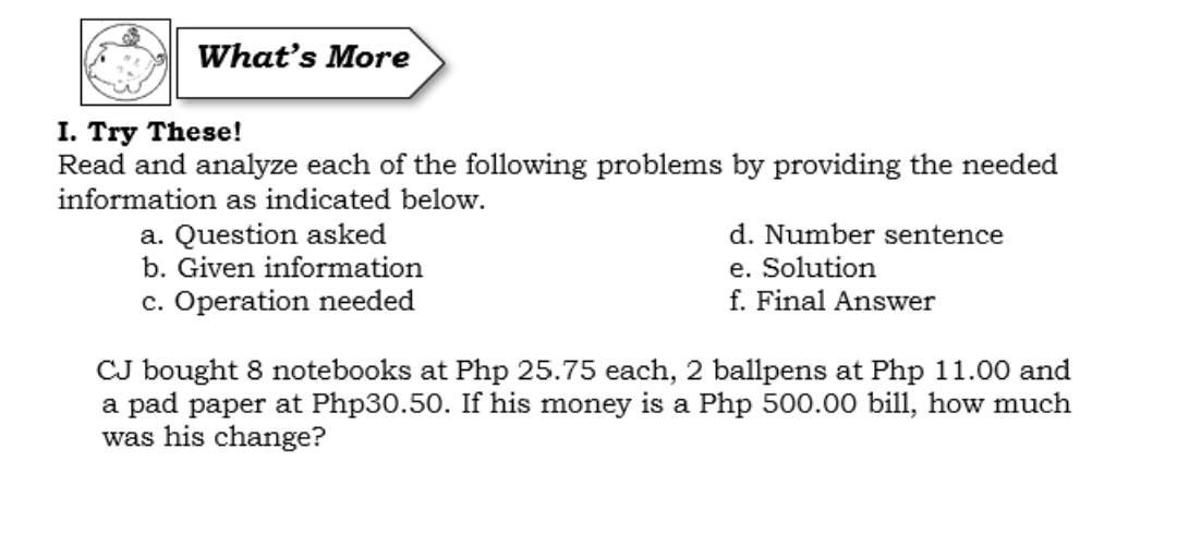 What's More
I. Try These!
Read and analyze each of the following problems by providing the needed
information as indicated below.
a. Question asked
b. Given information
d. Number sentence
e. Solution
f. Final Answer
c. Operation needed
CJ bought 8 notebooks at Php 25.75 each, 2 ballpens at Php 11.00 and
a pad paper at Php30.50. If his money is a Php 500.00 bill, how much
was his change?
