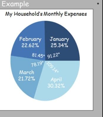 Example
My Household's Monthly Expenses
February
22.62%
January
25.34%
81.45° 91.22°
78.19⁰
March
21.72%
109.14°
April
30.32%