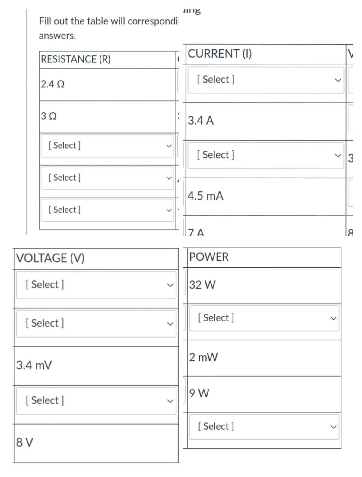 Fill out the table will correspondi
answers.
CURRENT (I)
RESISTANCE (R)
[ Select]
2.4 Q
3.4А
[ Select ]
[ Select ]
[ Select ]
4.5 mA
[ Select ]
|7 A
VOLTAGE (V)
POWER
[ Select ]
32 W
[ Select ]
[ Select ]
2 mW
3.4 mV
9 W
[ Select ]
[ Select ]
8 V
3.
>
>
>
>
>
>
>
