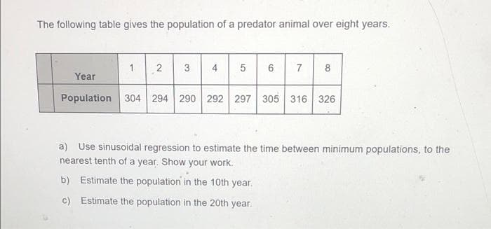 The following table gives the population of a predator animal over eight years.
1 2
3
4
5 6 7 8
Year
Population 304 294 290 292 297 305 316 326
a) Use sinusoidal regression to estimate the time between minimum populations, to the
nearest tenth of a year. Show your work.
b) Estimate the population in the 10th year.
c) Estimate the population in the 20th year.