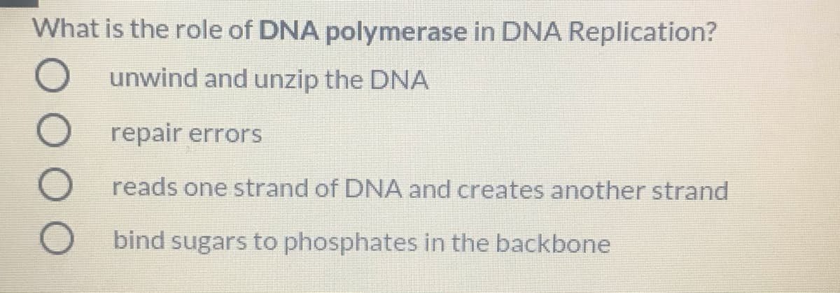 What is the role of DNA polymerase in DNA Replication?
O unwind and unzip the DNA
repair errors
reads one strand of DNA and creates another strand
bind sugars to phosphates in the backbone
