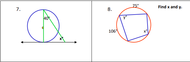 75°
Find x and y.
7.
40
106
8.
