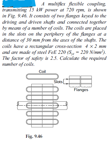 A multiflex flexible coupling,
transmitting 15 kW power at 720 rpm, is shown
in Fig. 9.46. It consists of two flanges keyed to the
driving and driven shafts and connected together
by means of a mumber of coils. The coils are placed
in the slots on the periphery of the flanges at a
distance of 30 mm from the axes of the shafts. The
coils have a rectangular cross-section 4 x 2 mm
and are made of steel FeE 220 (S,1 = 220 N/mm?).
The factor of safety is 2.5. Calculate the required
number of coils.
Coil
Slots
Flanges
Fig. 9.46

