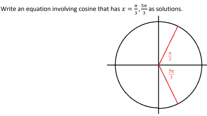 Write an equation involving cosine that has x =
3' 3
=," as solutions.
3
5n
3

