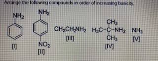 Arrange the following compounds in order of increasing basicity
NH,
NH2
CH3
CH;CH-NH, H3C-C-NH, NH3
CH3
M
NO2
[IV]
