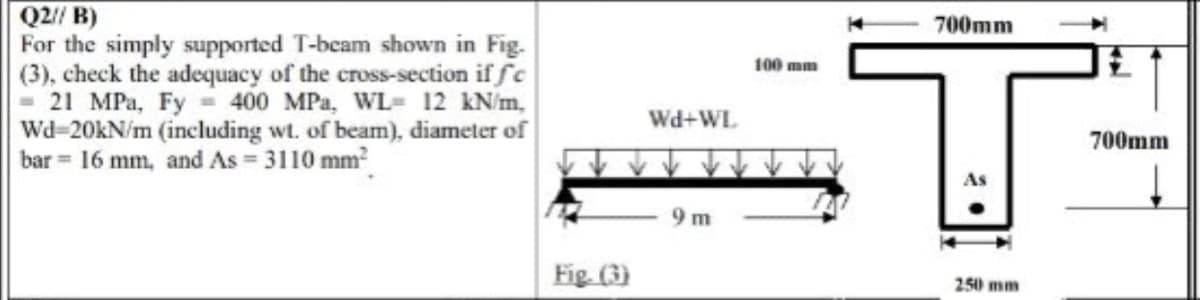 Q2// B)
For the simply supported T-beam shown in Fig.
(3), check the adequacy of the cross-section if fc
- 21 MPa, Fy 400 MPa, WL 12 kN/m,
Wd-20kN/m (including wt. of beam), diameter of
bar = 16 mm, and As = 3110 mm?
700mm
100 mm
Wd+WL
700mm
As
Fig. (3)
250 mm

