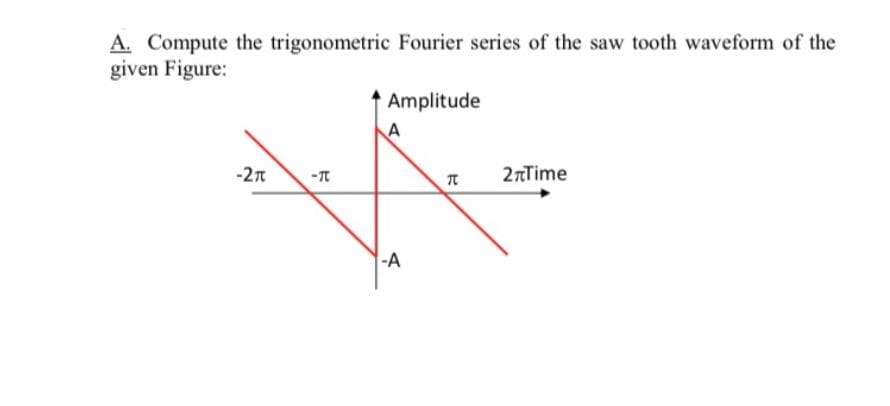 A. Compute the trigonometric Fourier series of the saw tooth waveform of the
given Figure:
Amplitude
-2n
2nTime
-A
