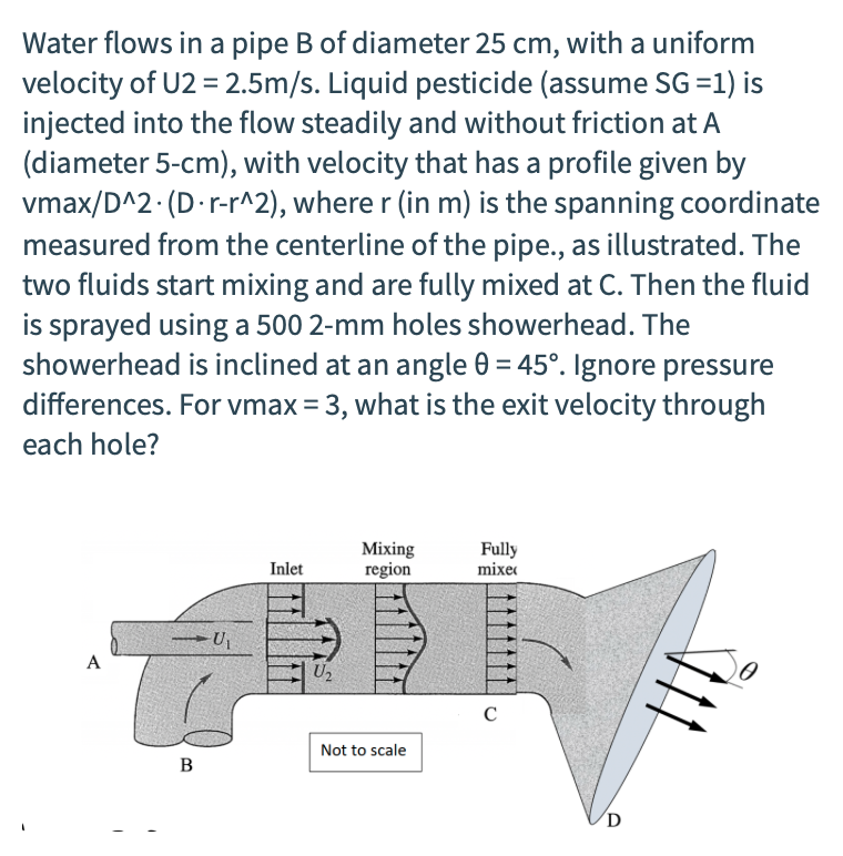 Water flows in a pipe B of diameter 25 cm, with a uniform
velocity of U2 = 2.5m/s. Liquid pesticide (assume SG =1) is
injected into the flow steadily and without friction at A
(diameter 5-cm), with velocity that has a profile given by
vmax/D^2· (D.r-r^2), where r (in m) is the spanning coordinate
measured from the centerline of the pipe., as illustrated. The
two fluids start mixing and are fully mixed at C. Then the fluid
is sprayed using a 500 2-mm holes showerhead. The
showerhead is inclined at an angle 0 = 45°. Ignore pressure
differences. For vmax = 3, what is the exit velocity through
each hole?
Mixing
region
Fully
mixe
Inlet
A
U2
C
Not to scale
B
