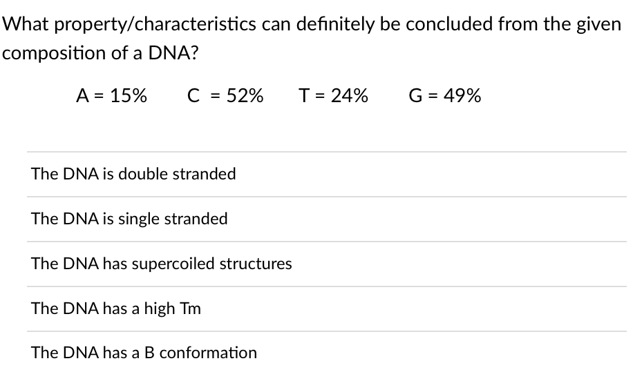 What property/characteristics can definitely be concluded from the given
composition of a DNA?
A = 15%
C = 52%
T= 24%
G = 49%
The DNA is double stranded
The DNA is single stranded
The DNA has supercoiled structures
The DNA has a high Tm
The DNA has a B conformation
