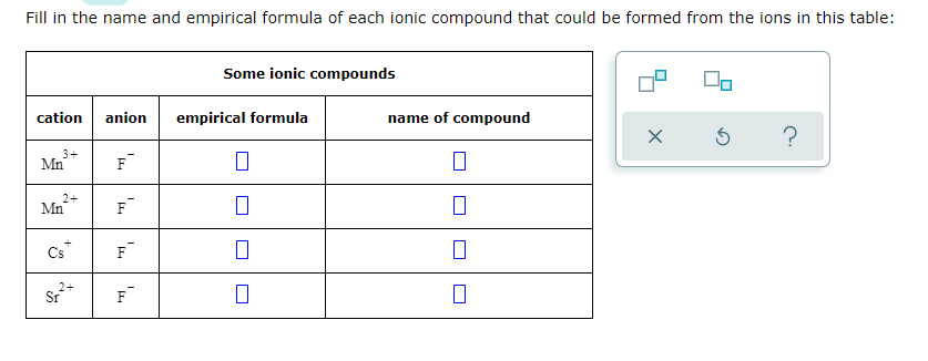 Fill in the name and empirical formula of each ionic compound that could be formed from the ions in this table:
Some ionic compounds
cation
anion
empirical formula
name of compound
?
3+
Mn
F
2+
Mn
F
Cs
2+
Sr
F
