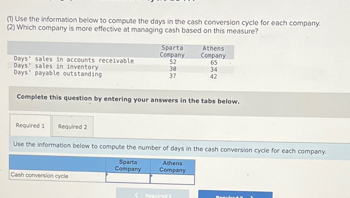 (1) Use the information below to compute the days in the cash conversion cycle for each company.
(2) Which company is more effective at managing cash based on this measure?
Sparta
Company
Athens
Company
Days' sales in accounts receivable
52
65
Days' sales in inventory
30
34
Days' payable outstanding
37
42
Complete this question by entering your answers in the tabs below.
Required 1
Required 2
Use the information below to compute the number of days in the cash conversion cycle for each company.
Cash conversion cycle
Sparta
Company
Athens
Company
>
Required 1
Requiredn