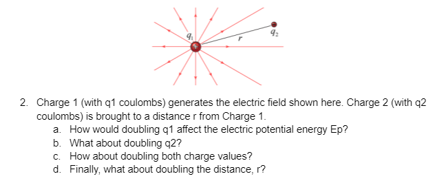9₂
2. Charge 1 (with q1 coulombs) generates the electric field shown here. Charge 2 (with q2
coulombs) is brought to a distance r from Charge 1.
a. How would doubling q1 affect the electric potential energy Ep?
b. What about doubling q2?
c. How about doubling both charge values?
d. Finally, what about doubling the distance, r?