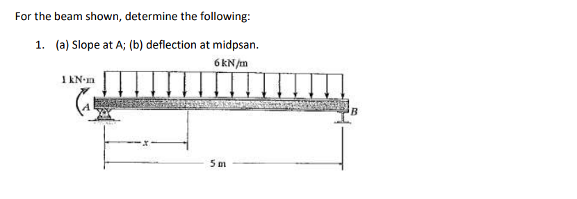 For the beam shown, determine the following:
1. (a) Slope at A; (b) deflection at midpsan.
6 kN/m
1 kN.m
(₁
5m
B