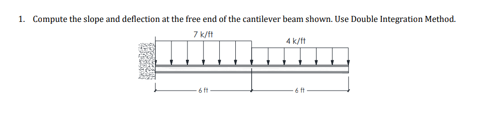 1. Compute the slope and deflection at the free end of the cantilever beam shown. Use Double Integration Method.
7 k/ft
6 ft
4 k/ft
▼
6 ft
V