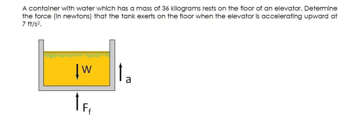 A container with water which has a mass of 36 kilograms rests on the floor of an elevator. Determine
the force (in newtons) that the tank exerts on the floor when the elevator is accelerating upward at
7 ft/s?.
W
Ff
