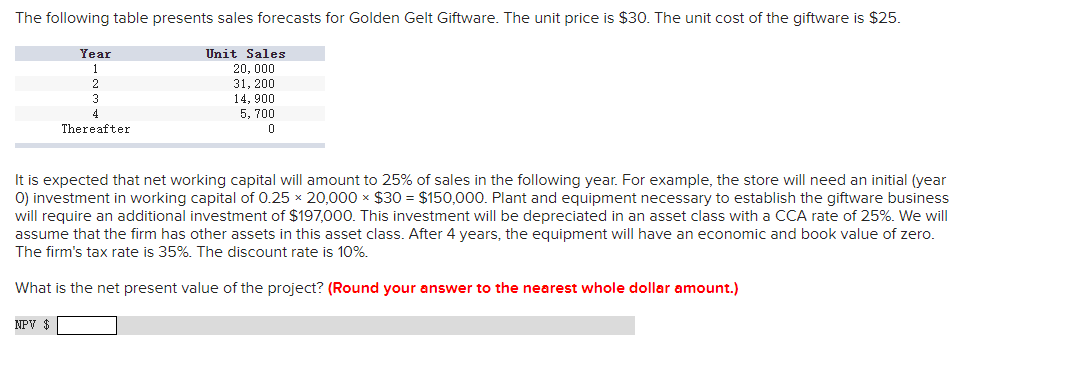 The following table presents sales forecasts for Golden Gelt Giftware. The unit price is $30. The unit cost of the giftware is $25.
Year
Unit Sales
20, 000
2.
31, 200
14, 900
5, 700
Thereafter
It is expected that net working capital will amount to 25% of sales in the following year. For example, the store will need an initial (year
0) investment in working capital of 0.25 x 20,000 x $30 = $150,000. Plant and equipment necessary to establish the giftware business
will require an additional investment of $197,000. This investment will be depreciated in an asset class with a CCA rate of 25%. We will
assume that the firm has other assets in this asset class. After 4 years, the equipment will have an economic and book value of zero.
The firm's tax rate is 35%. The discount rate is 10%.
What is the net present value of the project? (Round your answer to the nearest whole dollar amount.)
NPV $
