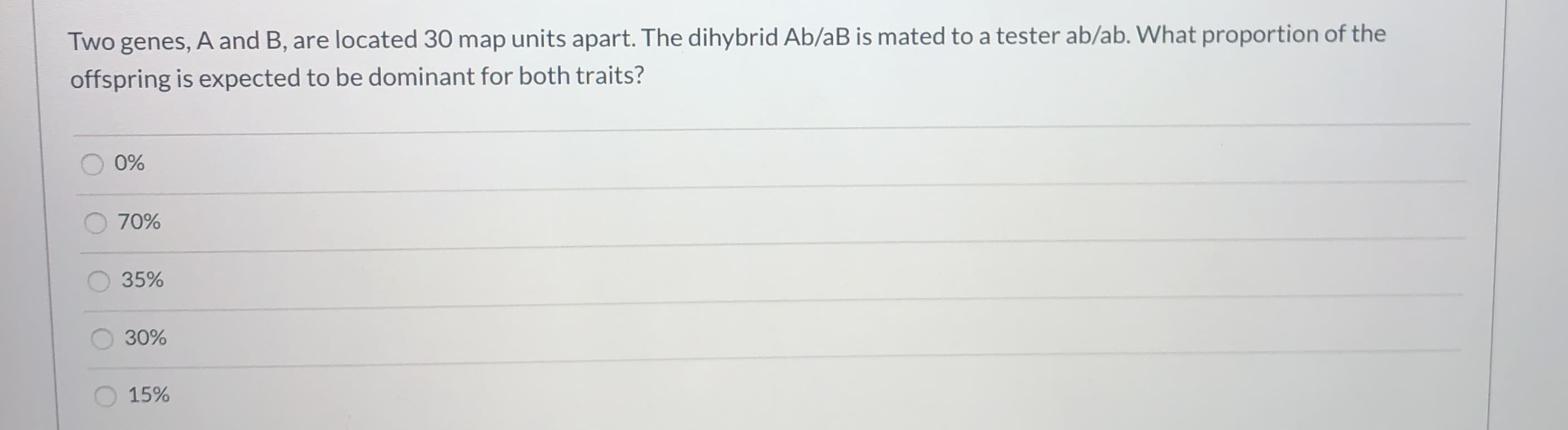 Two genes, A and B, are located 30 map units apart. The dihybrid Ab/aB is mated to a tester ab/ab. What proportion of the
offspring is expected to be dominant for both traits?
0%
70%
35%
30%
O 15%
