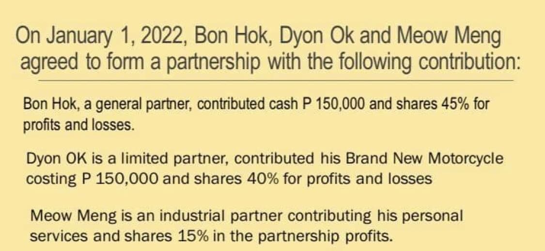 On January 1, 2022, Bon Hok, Dyon Ok and Meow Meng
agreed to form a partnership with the following contribution:
Bon Hok, a general partner, contributed cash P 150,000 and shares 45% for
profits and losses.
Dyon OK is a limited partner, contributed his Brand New Motorcycle
costing P 150,00o0 and shares 40% for profits and losses
Meow Meng is an industrial partner contributing his personal
services and shares 15% in the partnership profits.
